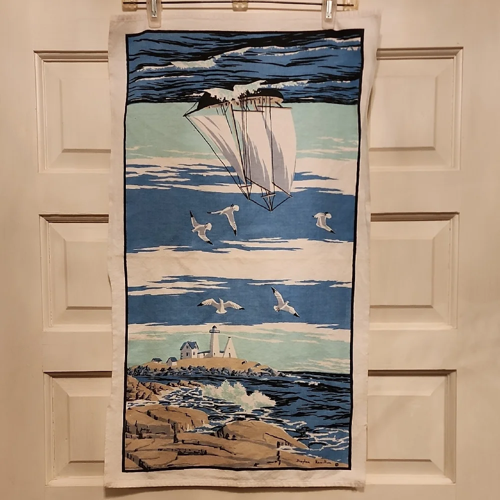 Nautical Sailboat & Seagulls Wall Hanging - Kitchen Towel Blue, White, Tan